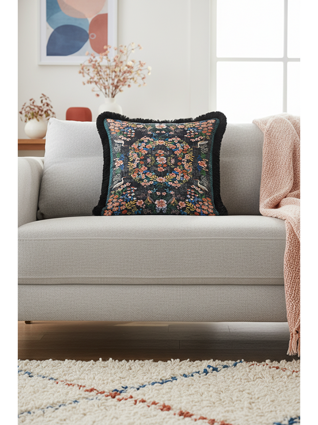 Karışık Lüks Çiçekli Saçaklı Yastık Kılıfı - Kuş Motifli Nostaljik Siyah Püsküllü Kırlent Kılıfı