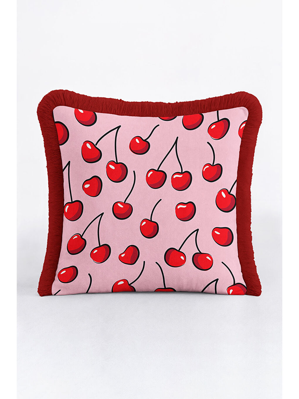 Karışık Pop Art Kiraz Saçaklı Yastık Kılıfı - Canlı Retro Pembe Kırmızı Püsküllü Kırlent Kılıfı-1