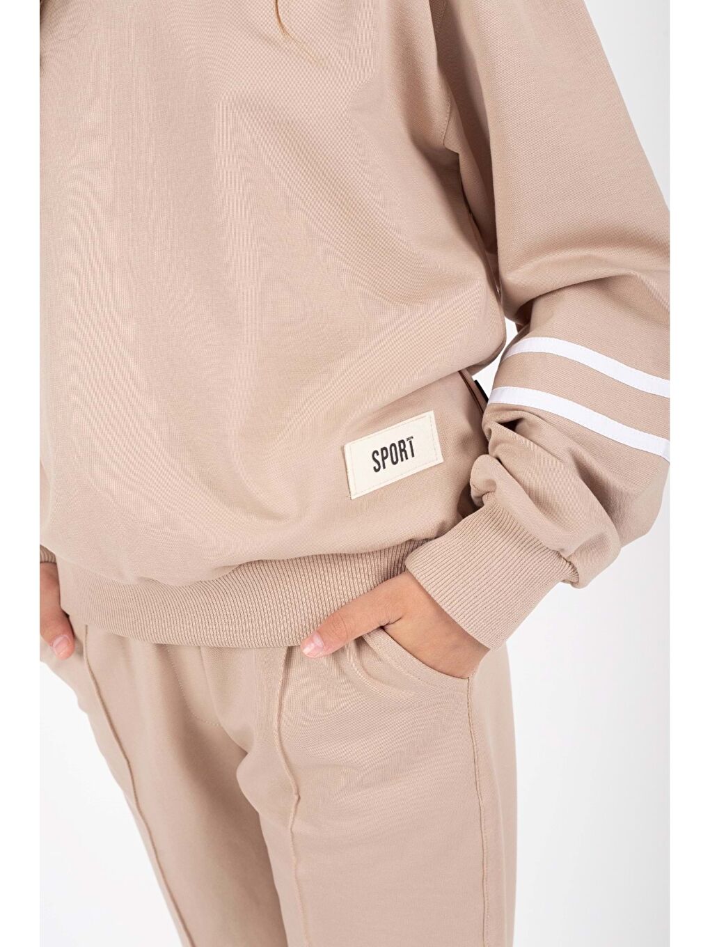Bej Kız Çocuk Sport Armalı Yan Çıtçıt Detaylı Eşofman Takımı M00759-1