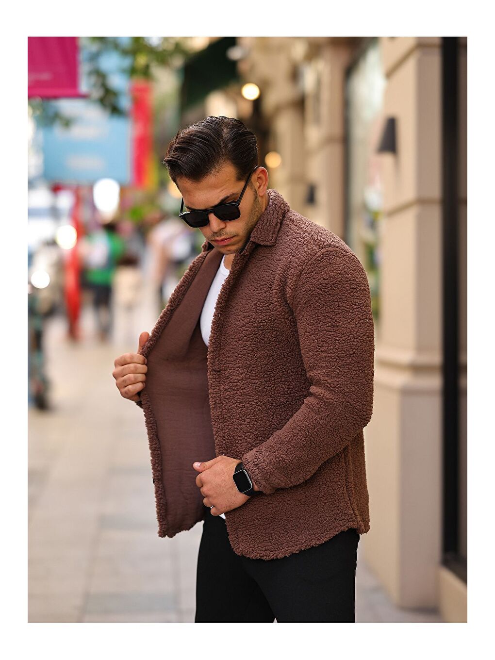 Kahverengi Erkek Kürklü Pelüş Rahat Kalıp Gömlek-2