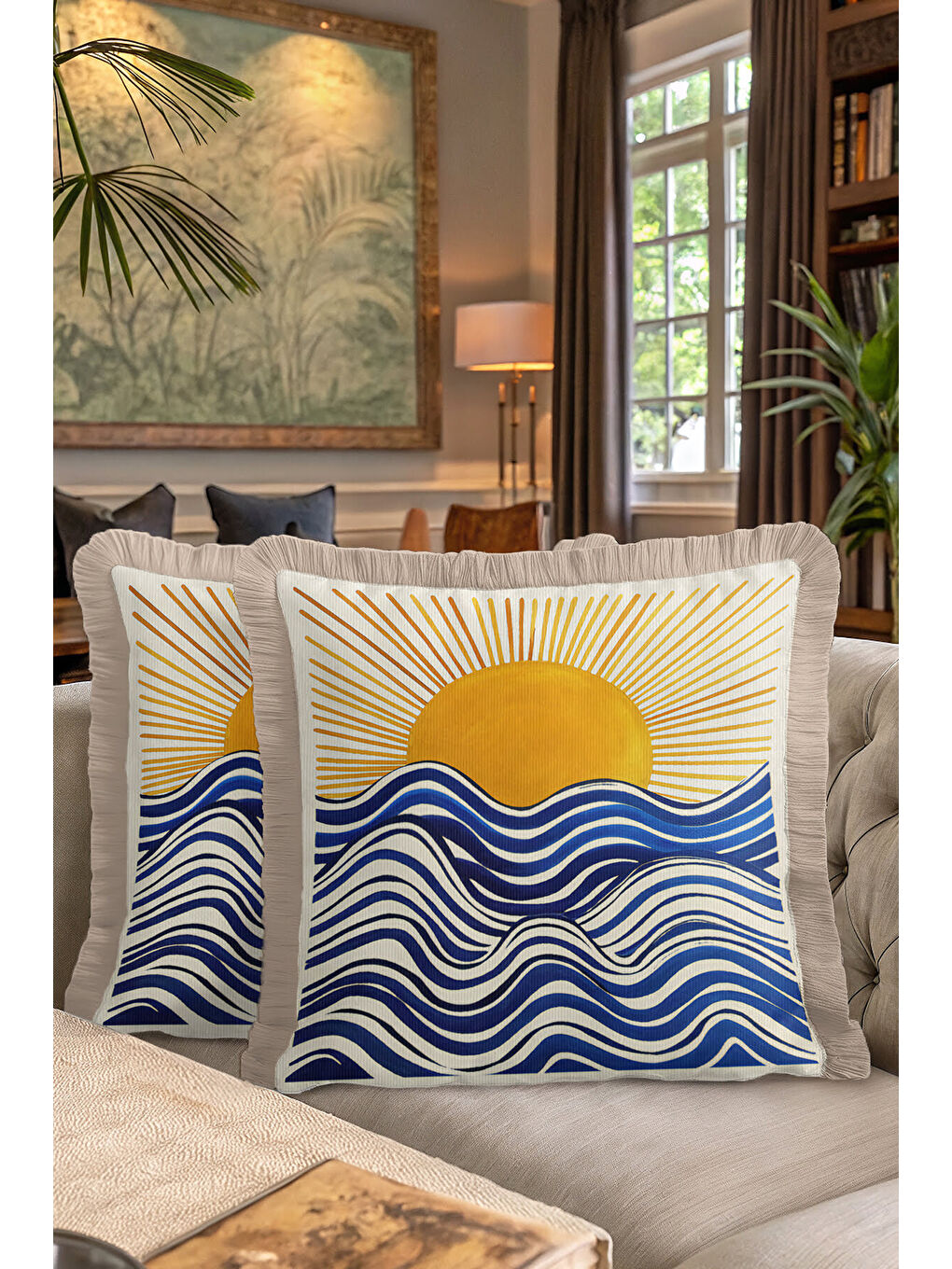 Karışık Deniz Dalgası Saçaklı Yastık Kılıfı - Akdeniz Temalı Modern Mavi Altın Renk Püsküllü Kırlent Kılıfı-7