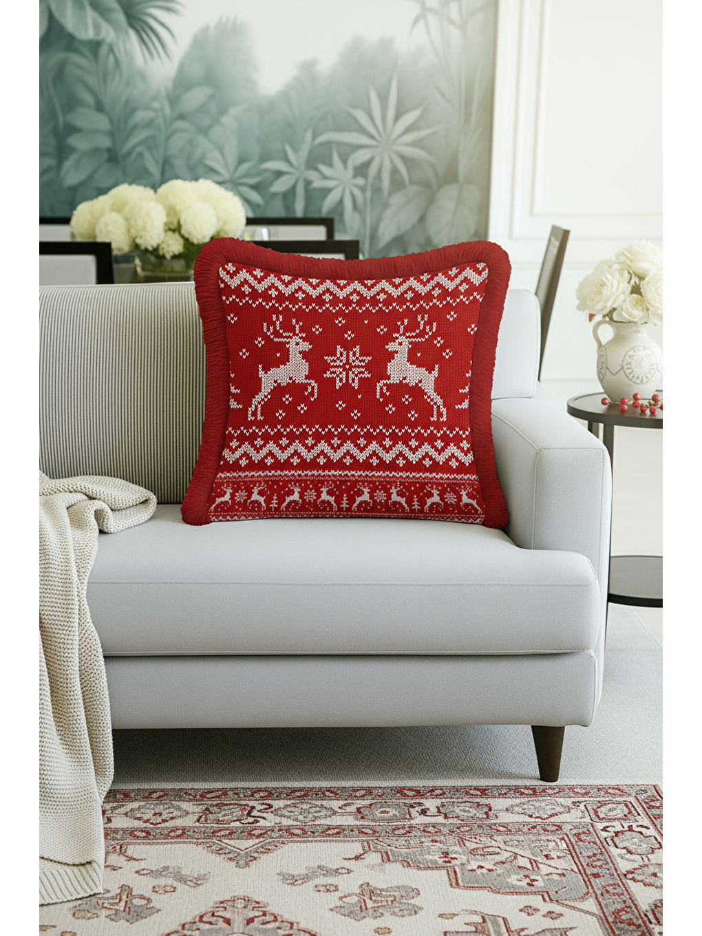 Karışık Nordik Geyikli Saçaklı Yastık Kılıfı - Kış Temalı Rustik Kırmızı Püsküllü Kırlent Kılıfı-3