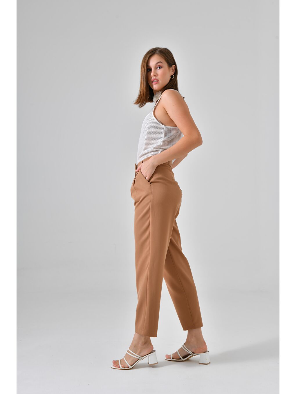 Kahverengi Kamel Çift Pileli Regular Dokuma Pantolon-3