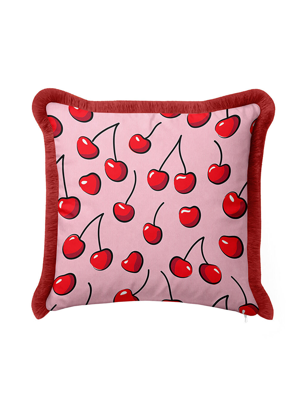 Karışık Pop Art Kiraz Saçaklı Yastık Kılıfı - Canlı Retro Pembe Kırmızı Püsküllü Kırlent Kılıfı-2