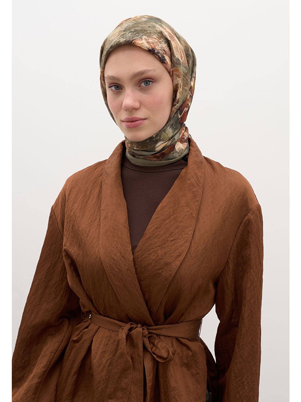 Madeleıne Desen Pamuklu Viskon Eşarp Haki-1