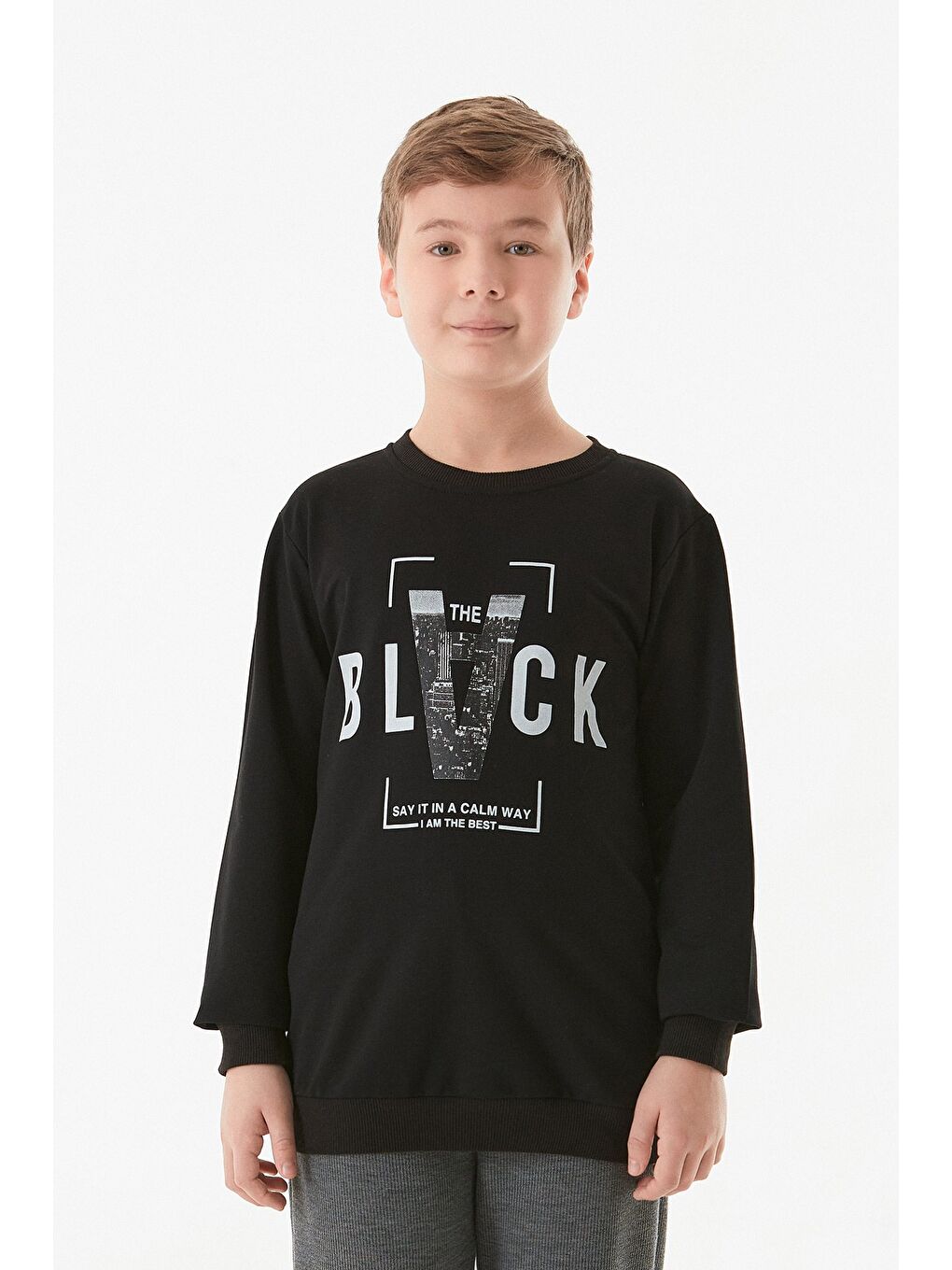 Siyah Baskılı Bisiklet Yaka Erkek Çocuk Sweatshirt