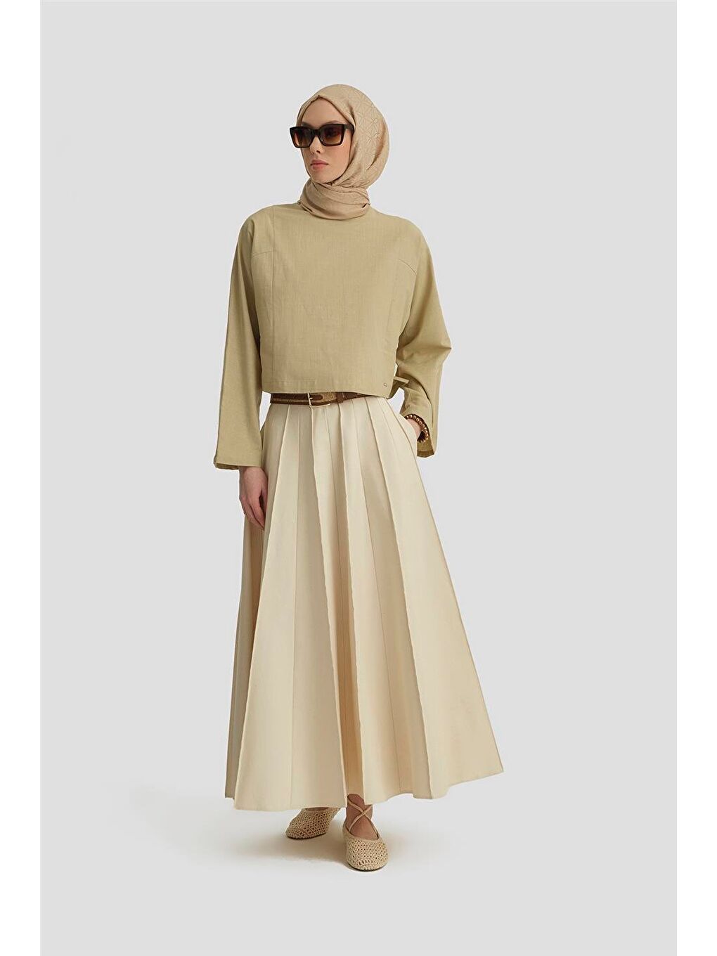 Bej Kup Dikiş Detaylı Basic Bluz 25Y3715 Naturel-1