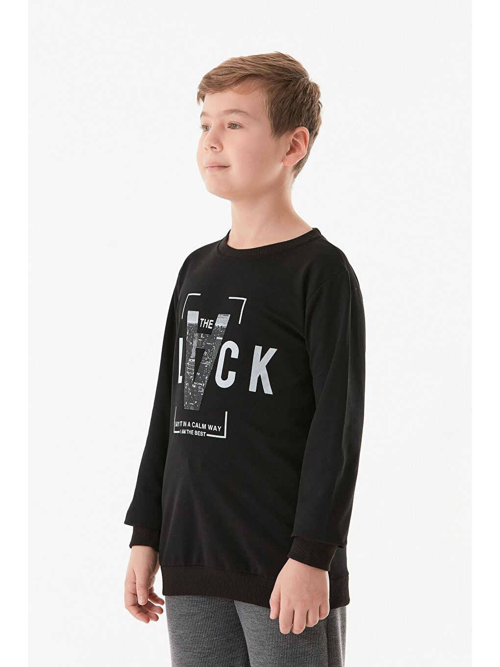 Siyah Baskılı Bisiklet Yaka Erkek Çocuk Sweatshirt-1