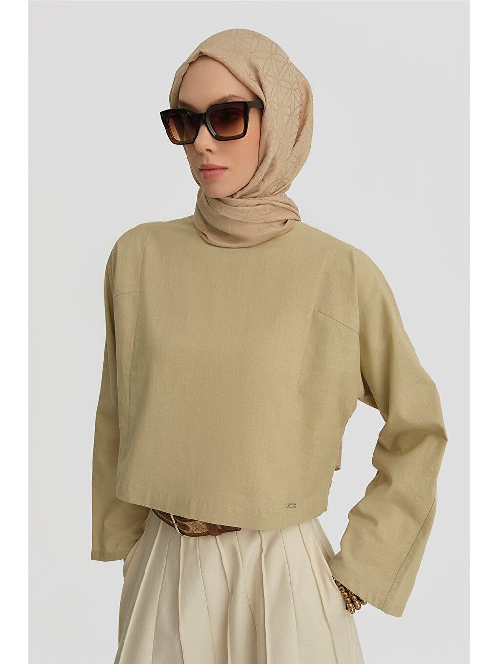 Bej Kup Dikiş Detaylı Basic Bluz 25Y3715 Naturel-2