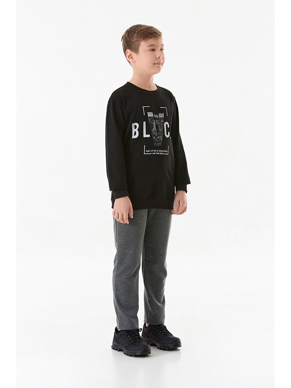 Siyah Baskılı Bisiklet Yaka Erkek Çocuk Sweatshirt-2