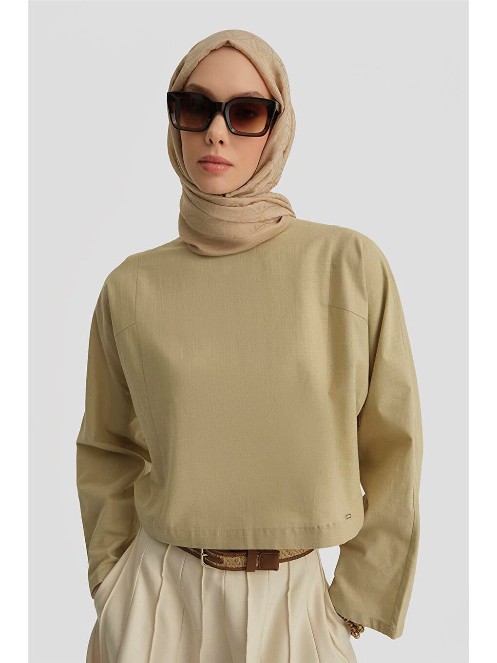 Bej Kup Dikiş Detaylı Basic Bluz 25Y3715 Naturel-3