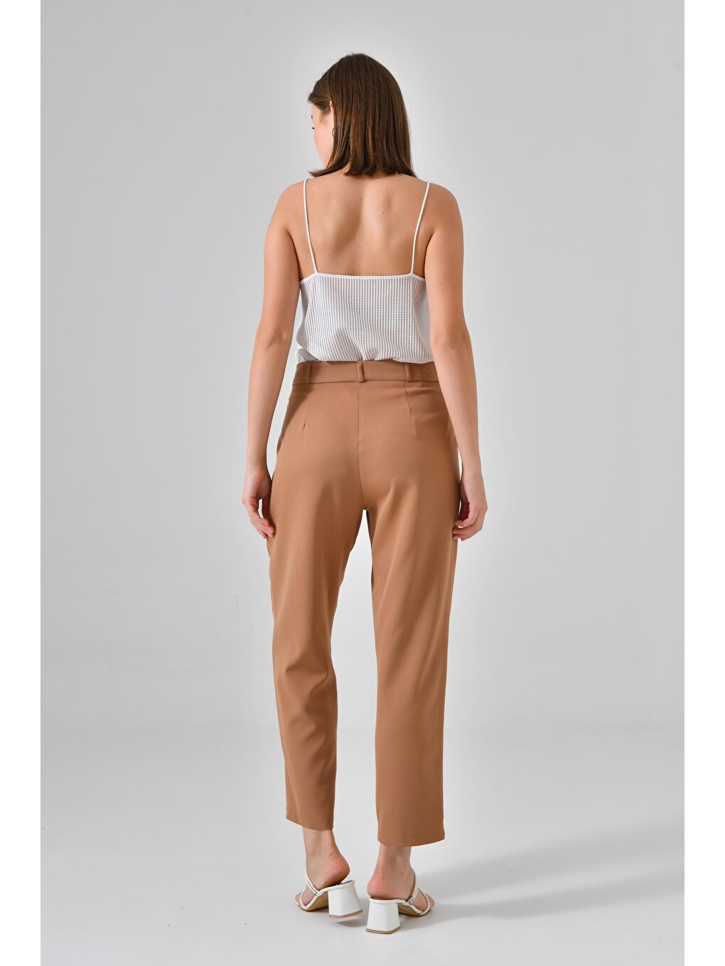 Kahverengi Kamel Çift Pileli Regular Dokuma Pantolon-4