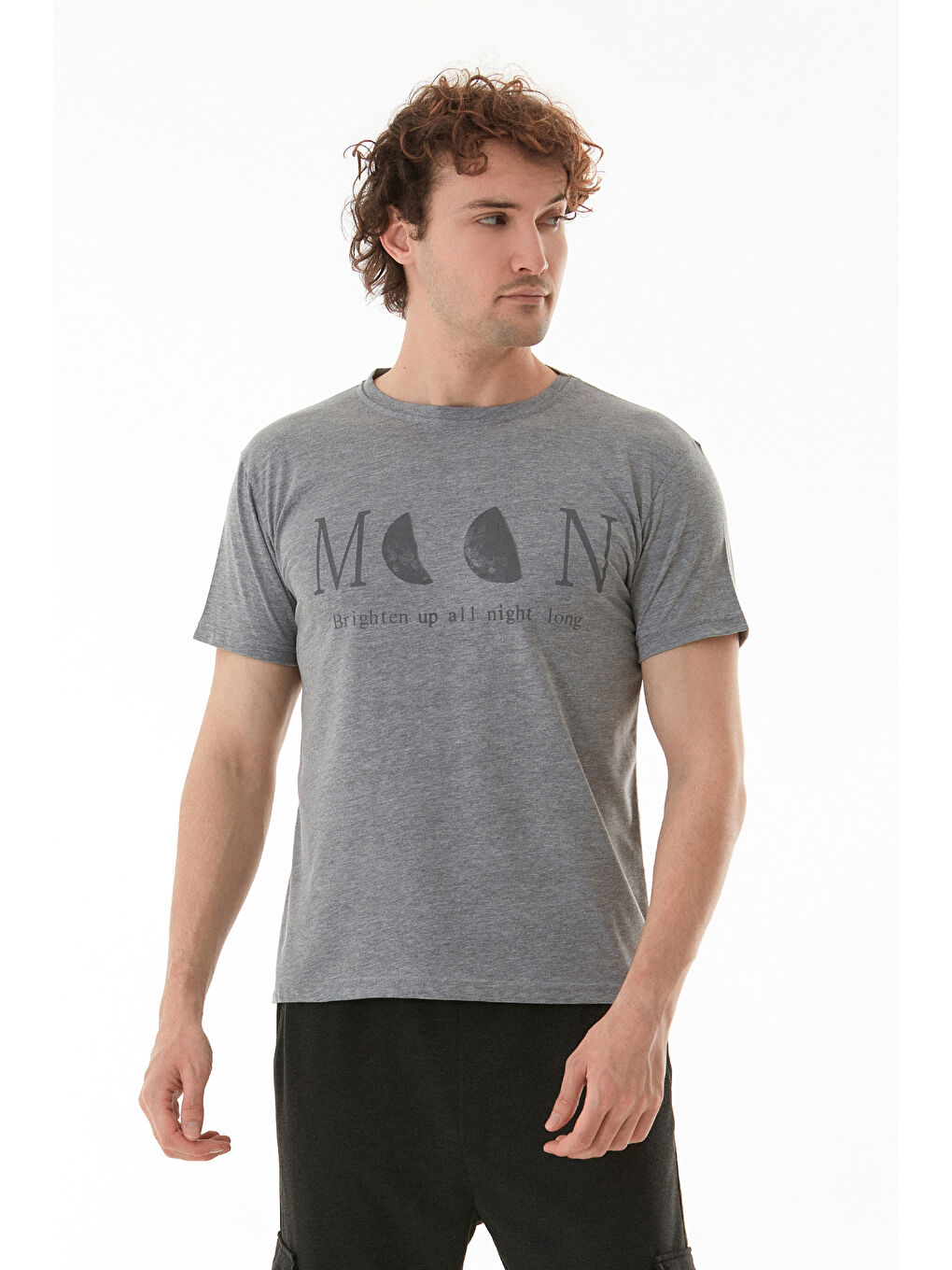 Gri Moon Yazı Ve Ay Baskılı Bisiklet Yaka %100 Pamuk Tişört-1