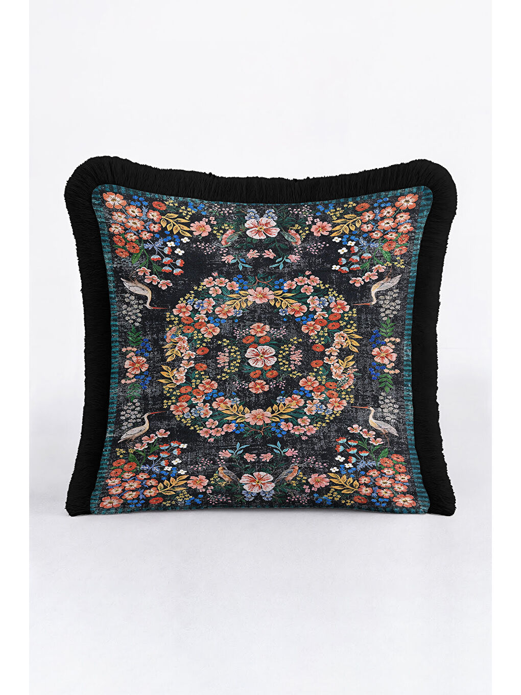 Karışık Lüks Çiçekli Saçaklı Yastık Kılıfı - Kuş Motifli Nostaljik Siyah Püsküllü Kırlent Kılıfı-1