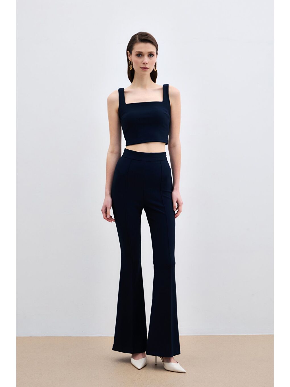 Kare Yaka Crop Bluz - Lacivert-1