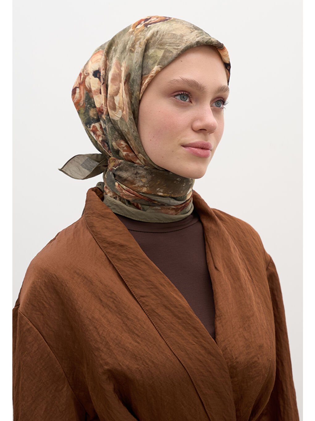 Madeleıne Desen Pamuklu Viskon Eşarp Haki-2