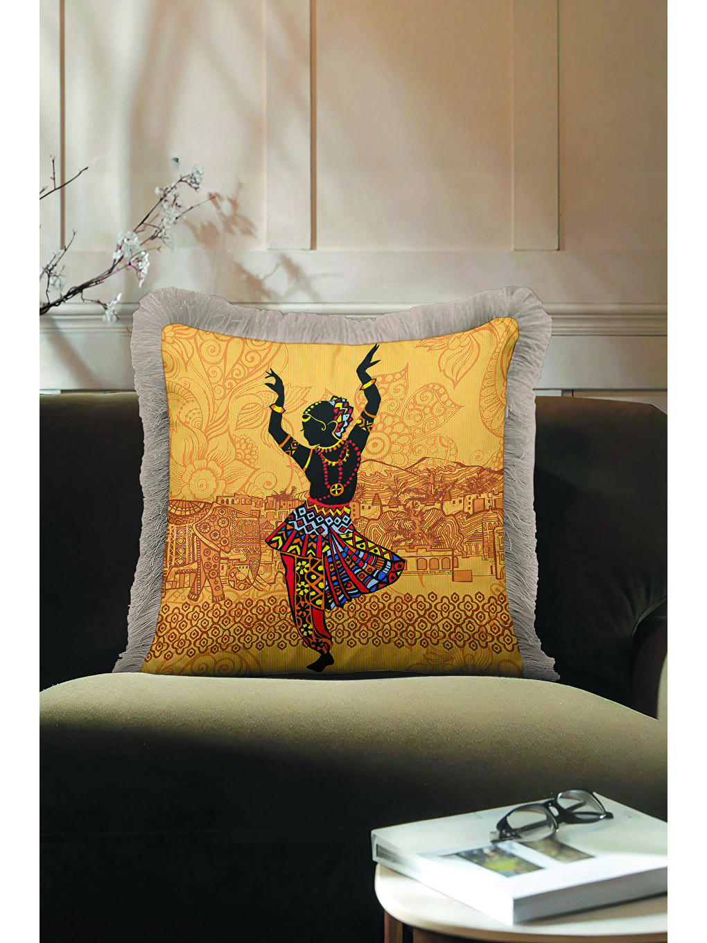 Karışık Hint Motifli Saçaklı Yastık Kılıfı - Sanatsal Bohem Altın Renkli Gri Püsküllü Kırlent Kılıfı-4