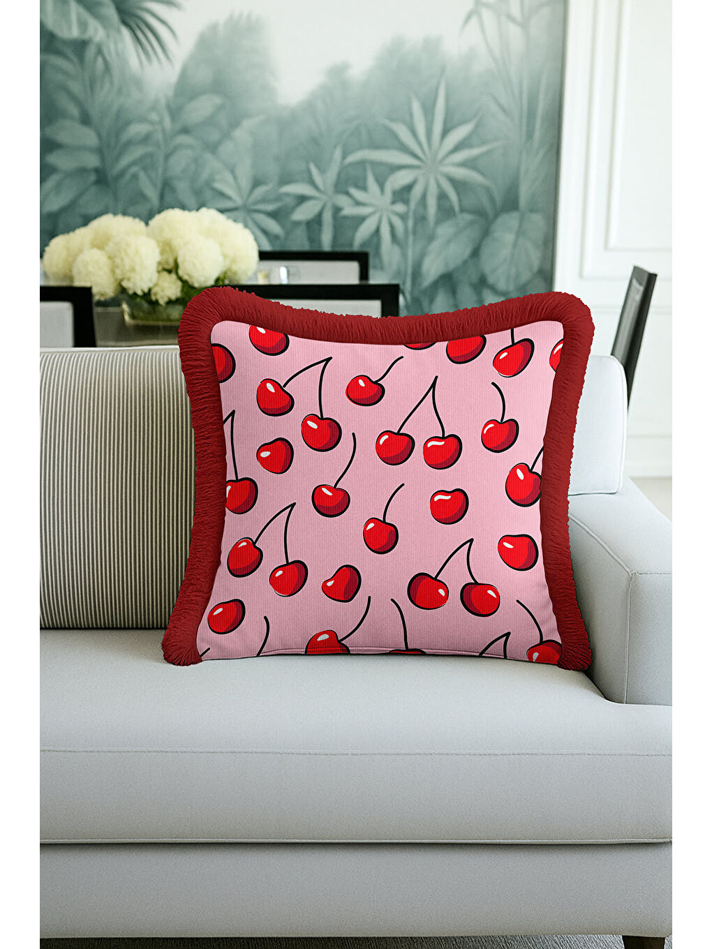 Karışık Pop Art Kiraz Saçaklı Yastık Kılıfı - Canlı Retro Pembe Kırmızı Püsküllü Kırlent Kılıfı-4