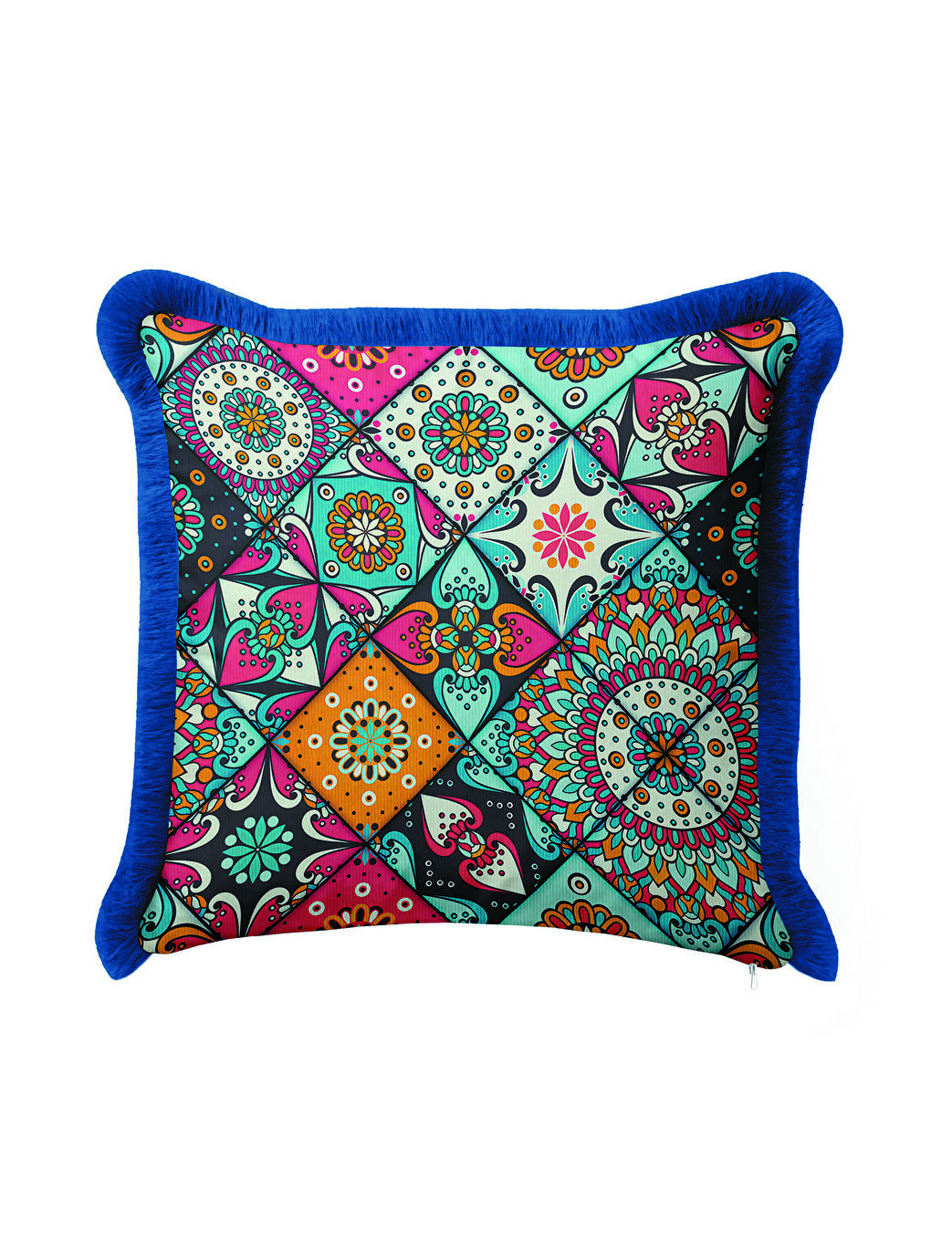 Karışık Etnik Mandala Saçaklı Yastık Kılıfı - Canlı Bohem Mavi Turuncu Püsküllü Kırlent Kılıfı-4