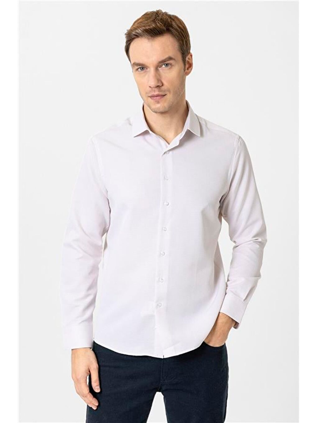 Bej Slim Armürlü Klasik Yaka Gömlek-1