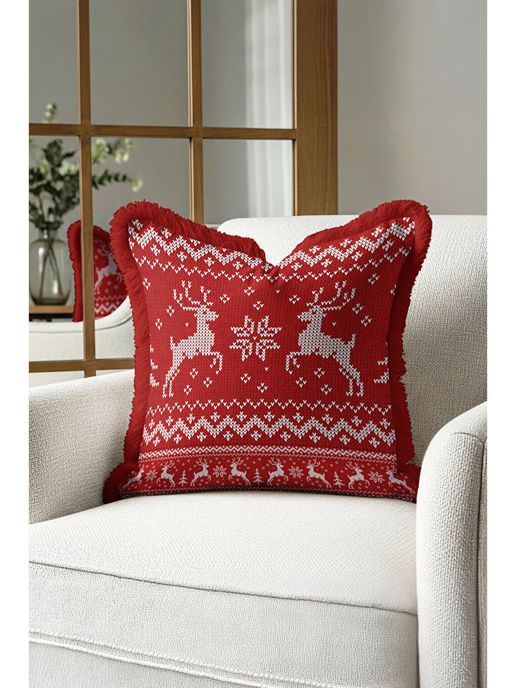 Karışık Nordik Geyikli Saçaklı Yastık Kılıfı - Kış Temalı Rustik Kırmızı Püsküllü Kırlent Kılıfı-4