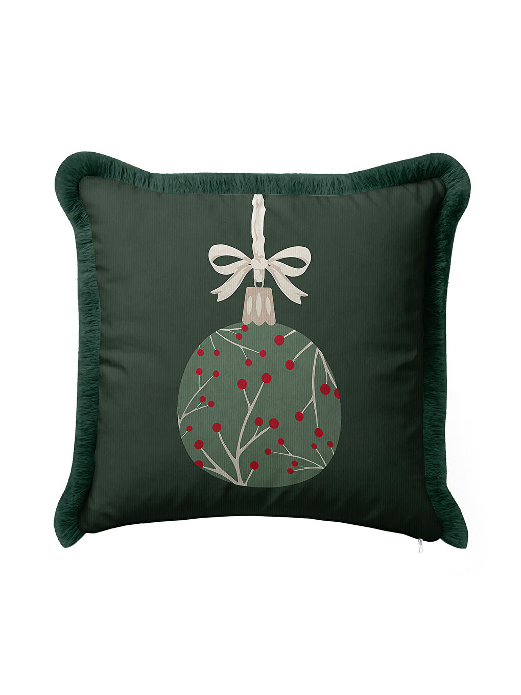 Karışık Yılbaşı Süslemeli Saçaklı Yastık Kılıfı - Çam Tema Modern Koyu Yeşil Kırmızı Püsküllü Kırlent Kılıfı-1