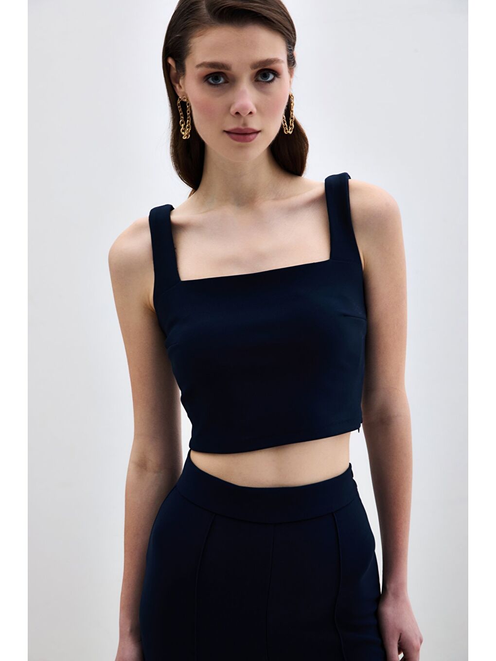 Kare Yaka Crop Bluz - Lacivert-4