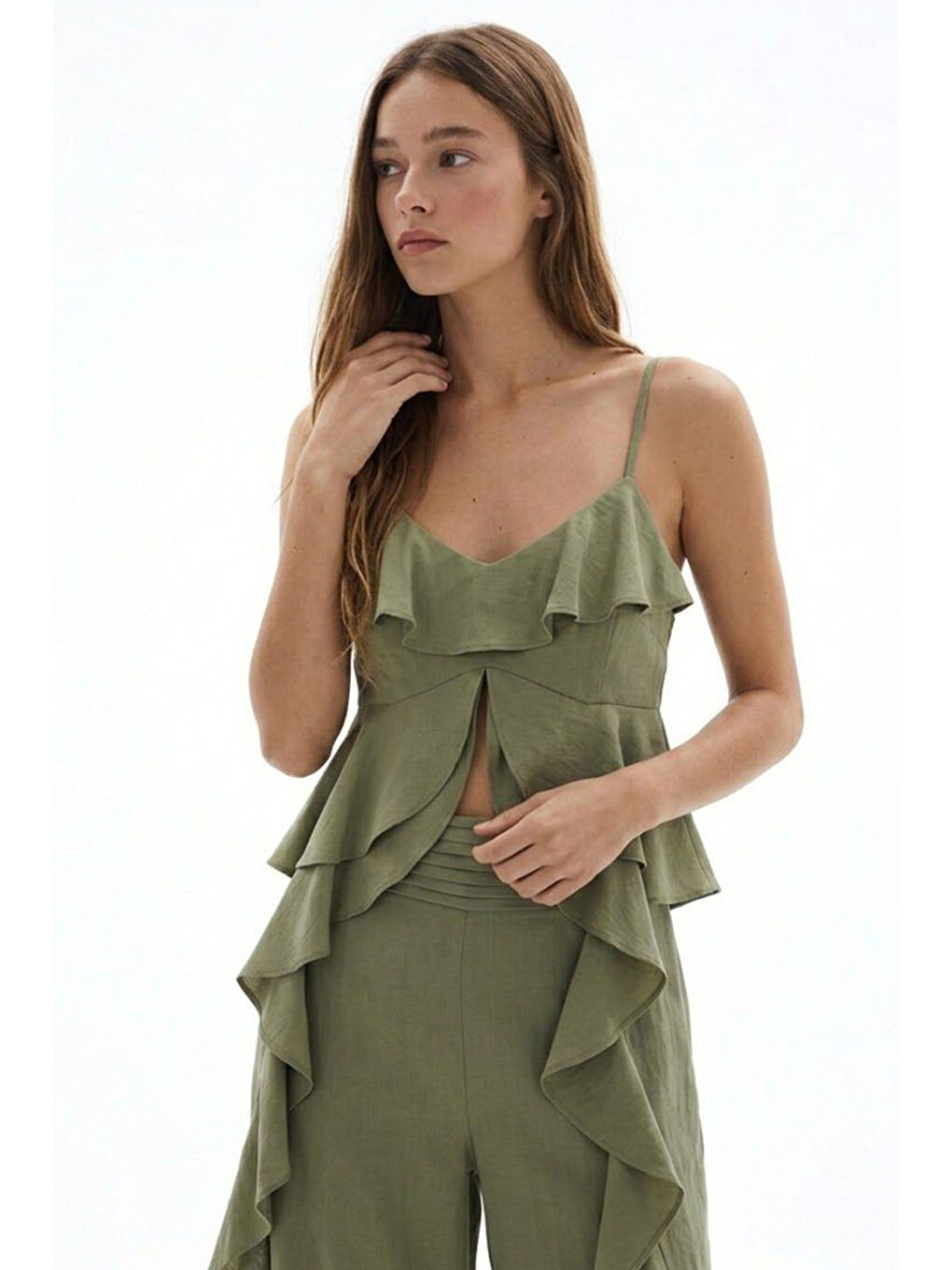 Askılı Volanlı Asimetrik Bluz Haki-2