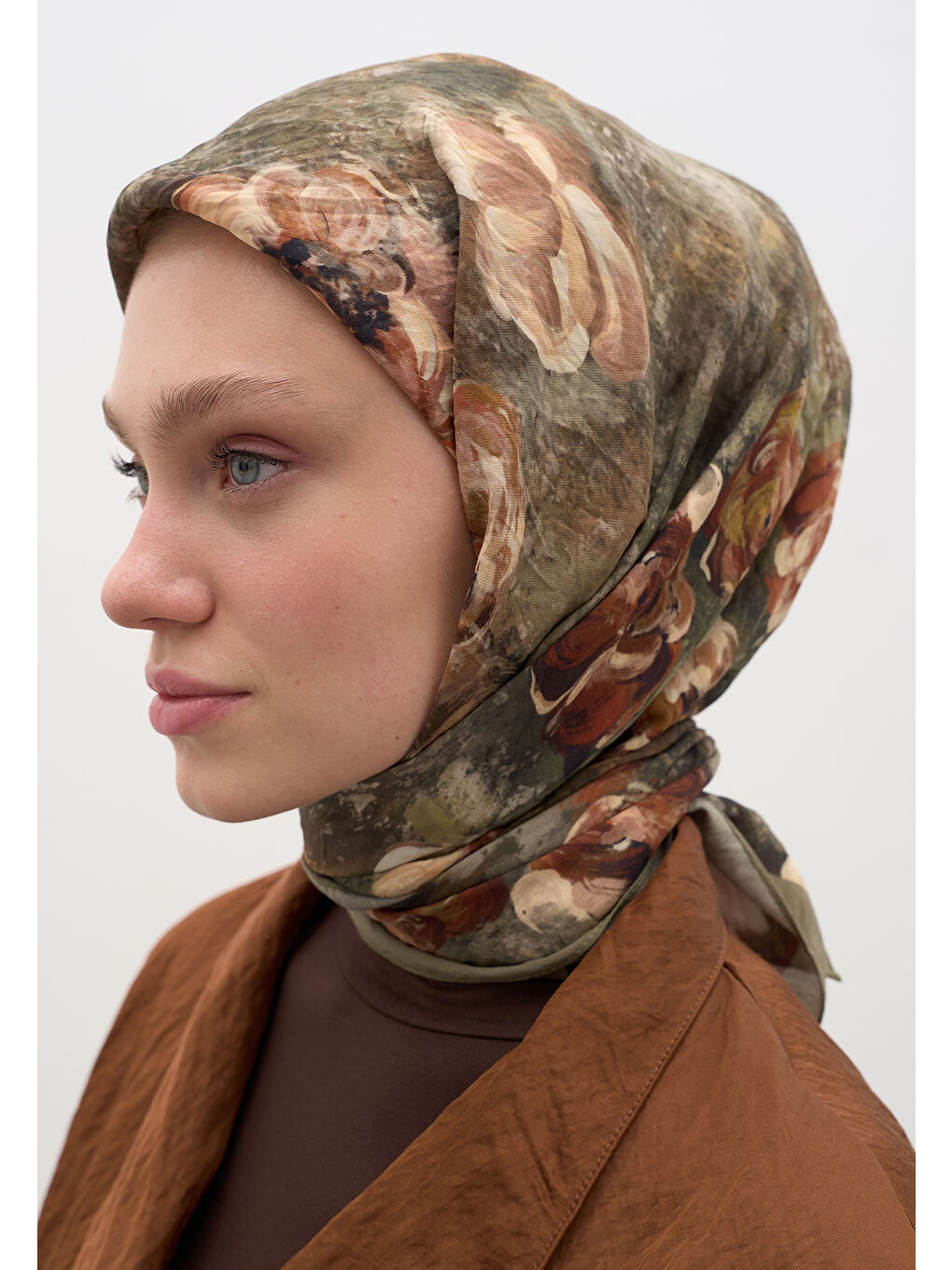 Madeleıne Desen Pamuklu Viskon Eşarp Haki-3