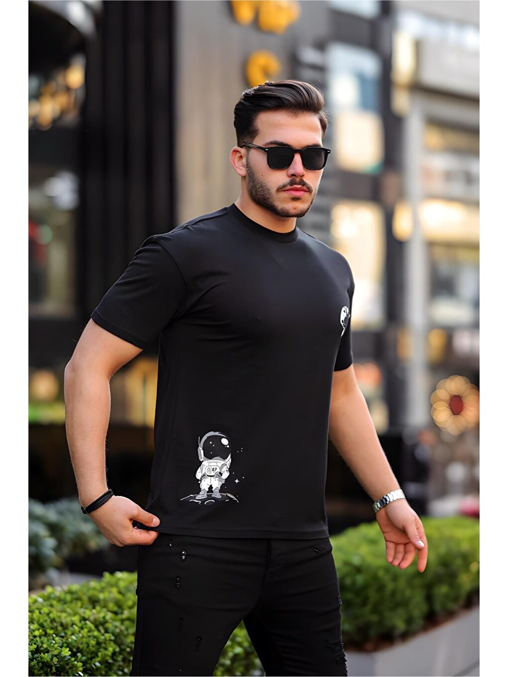 Siyah Trc 2778 Astro Baskılı Bisiklet Yaka Erkek Tişört