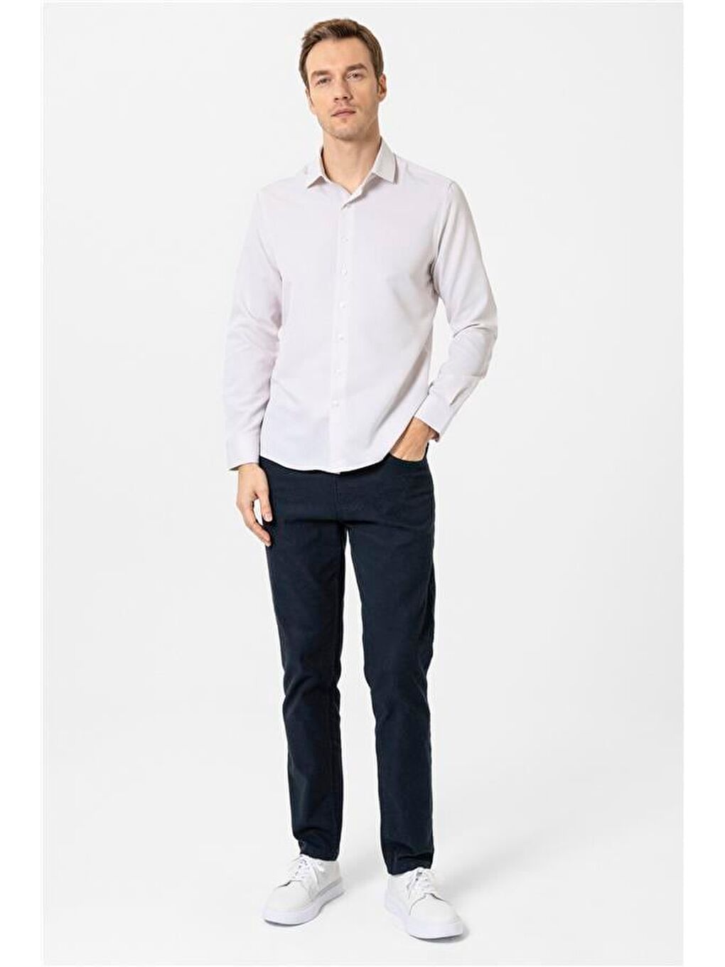 Bej Slim Armürlü Klasik Yaka Gömlek-4