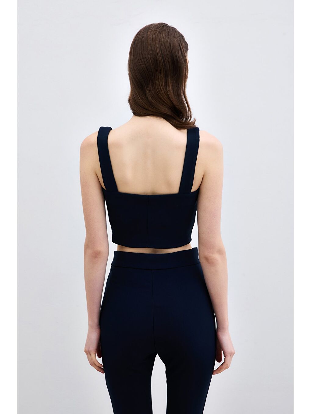 Kare Yaka Crop Bluz - Lacivert-5