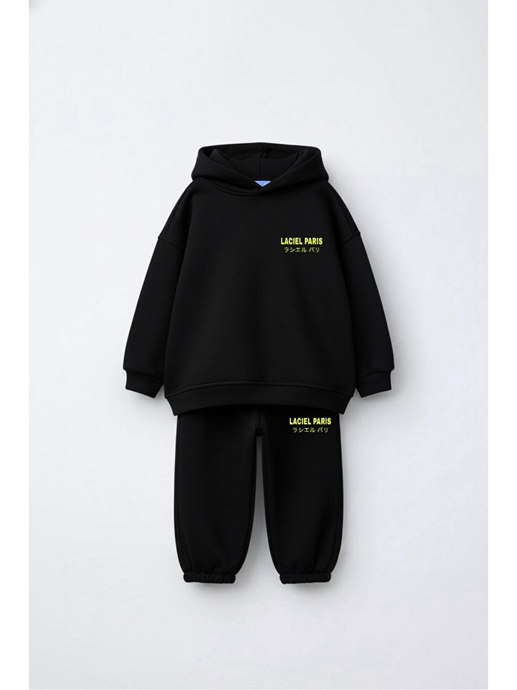 Unisex Çocuk Pamuklu Siyah Slogan Baskılı Kapüşonlu Eşofman Takım