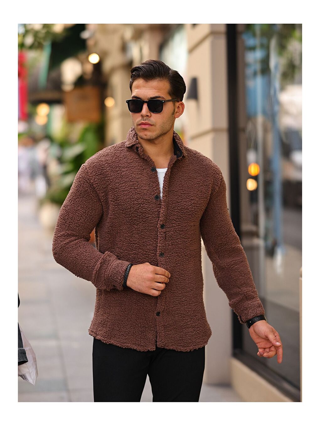 Kahverengi Erkek Kürklü Pelüş Rahat Kalıp Gömlek-6
