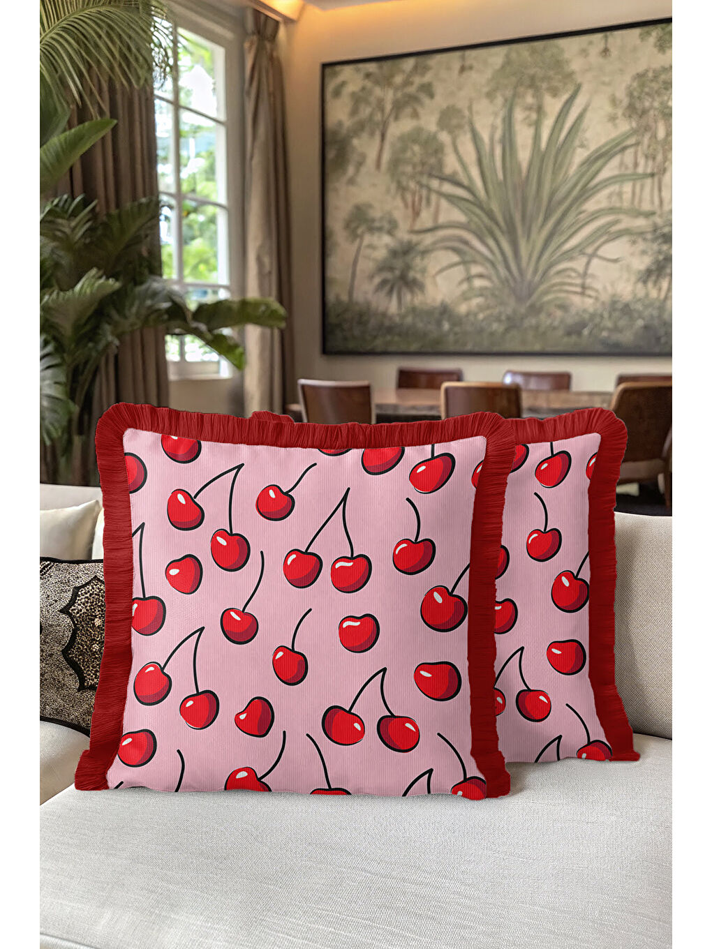Karışık Pop Art Kiraz Saçaklı Yastık Kılıfı - Canlı Retro Pembe Kırmızı Püsküllü Kırlent Kılıfı-5