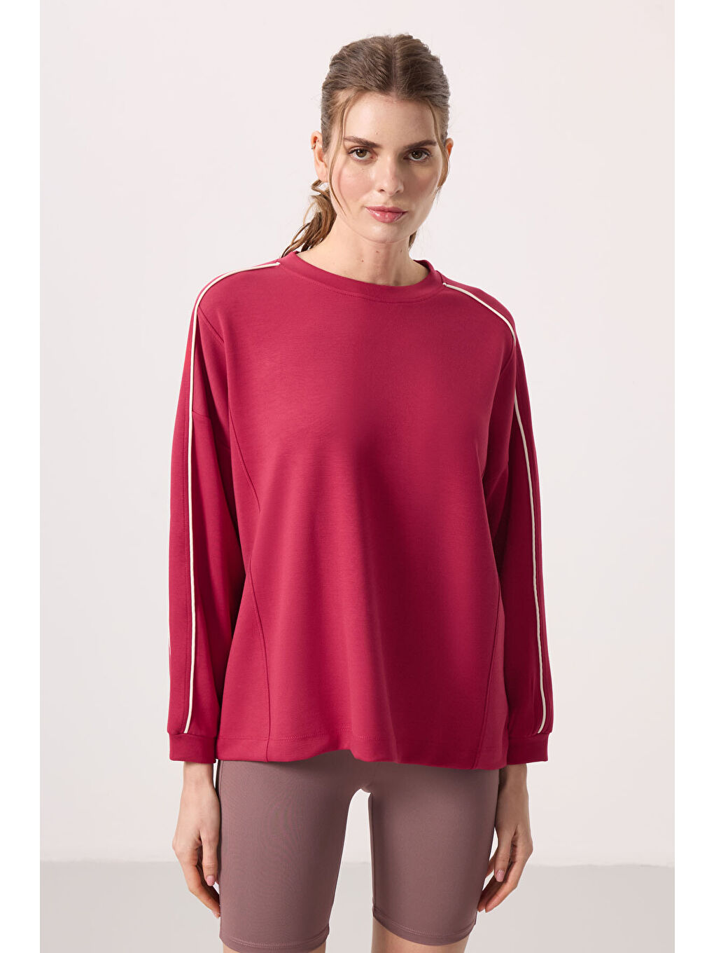 Viva Kırmızı Yumuşak Dokulu O Yaka Oversize Kadın Tunik Sweatshirt - 97303-1