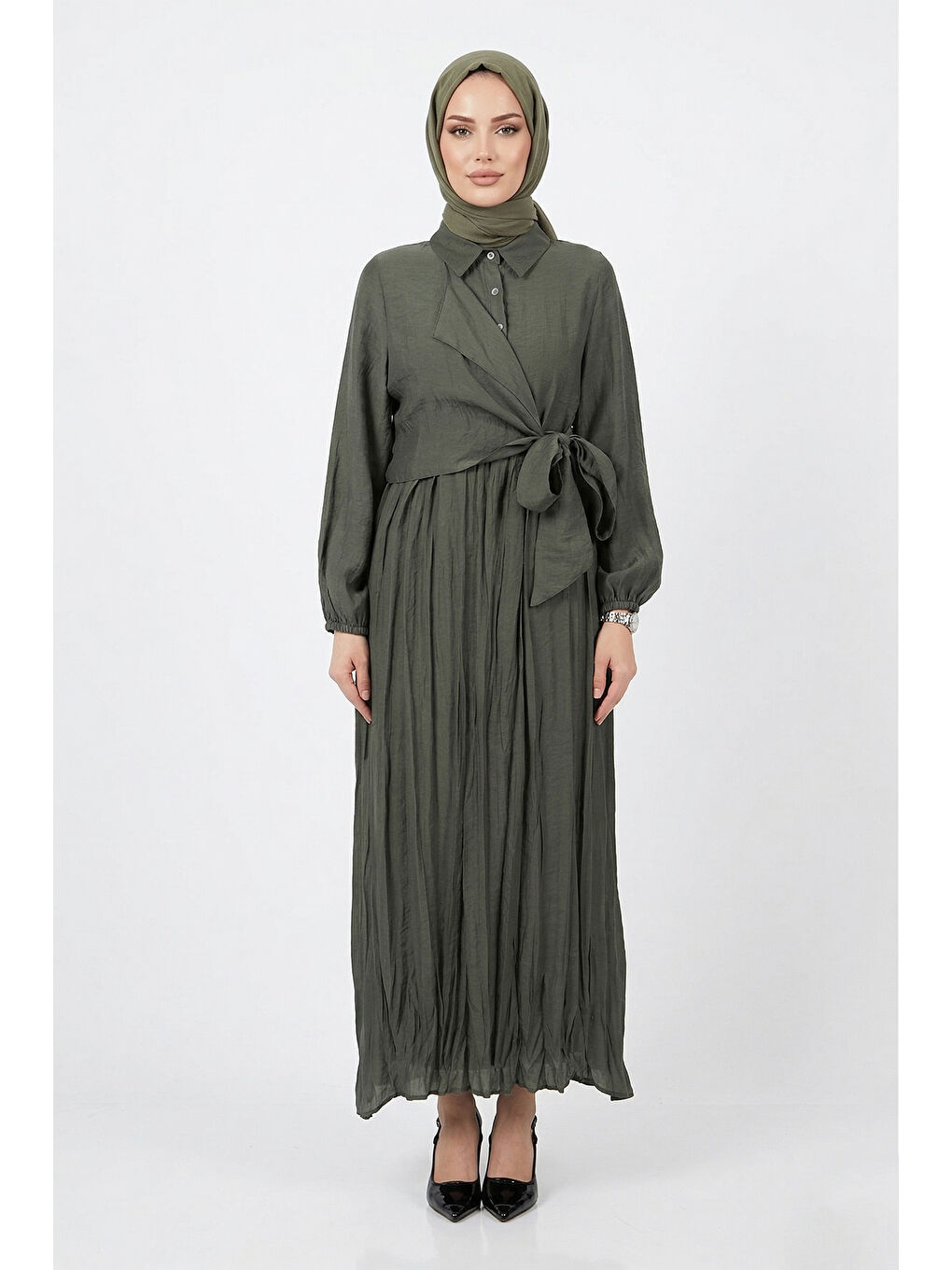Belden Bağlamalı Kolları Latik Detaylı Nil Elbise 747 Yeşil