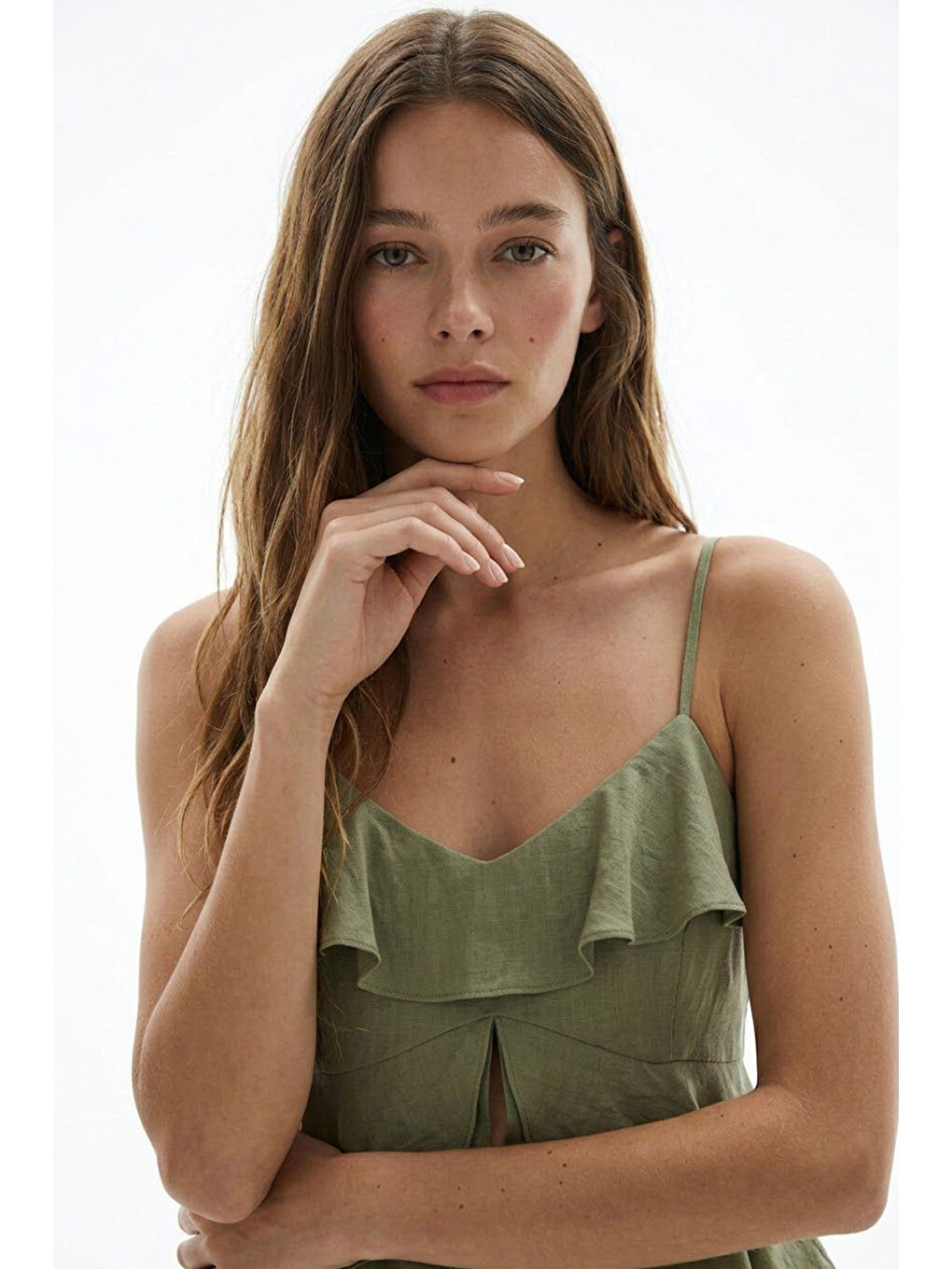 Askılı Volanlı Asimetrik Bluz Haki-4