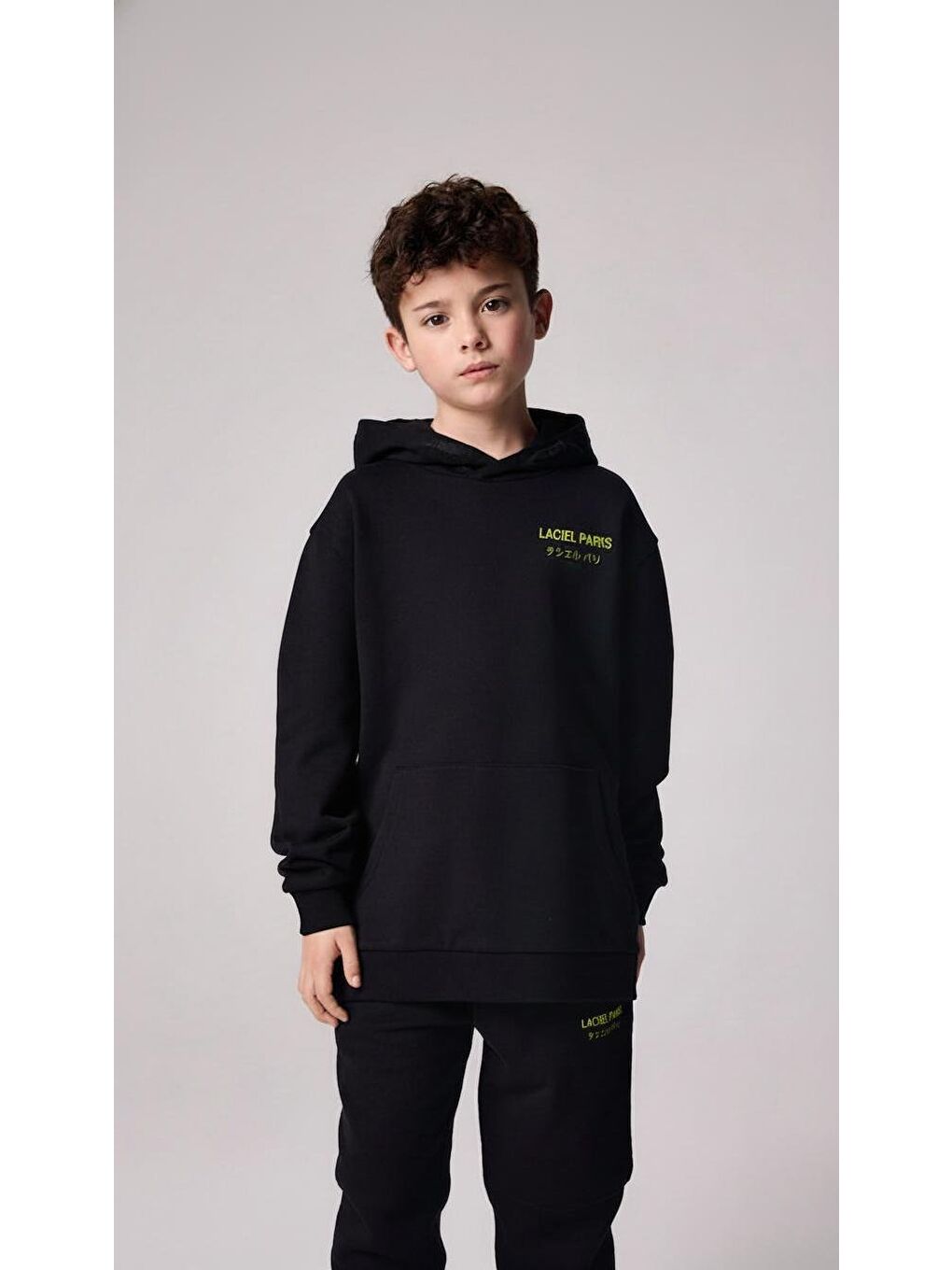 Unisex Çocuk Pamuklu Siyah Slogan Baskılı Kapüşonlu Eşofman Takım-1