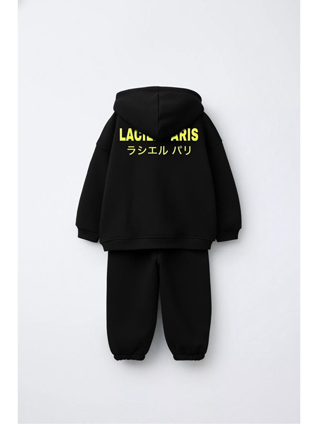 Unisex Çocuk Pamuklu Siyah Slogan Baskılı Kapüşonlu Eşofman Takım-2