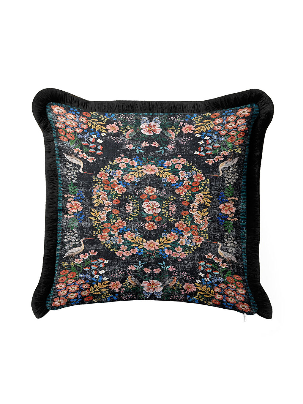 Karışık Lüks Çiçekli Saçaklı Yastık Kılıfı - Kuş Motifli Nostaljik Siyah Püsküllü Kırlent Kılıfı-2