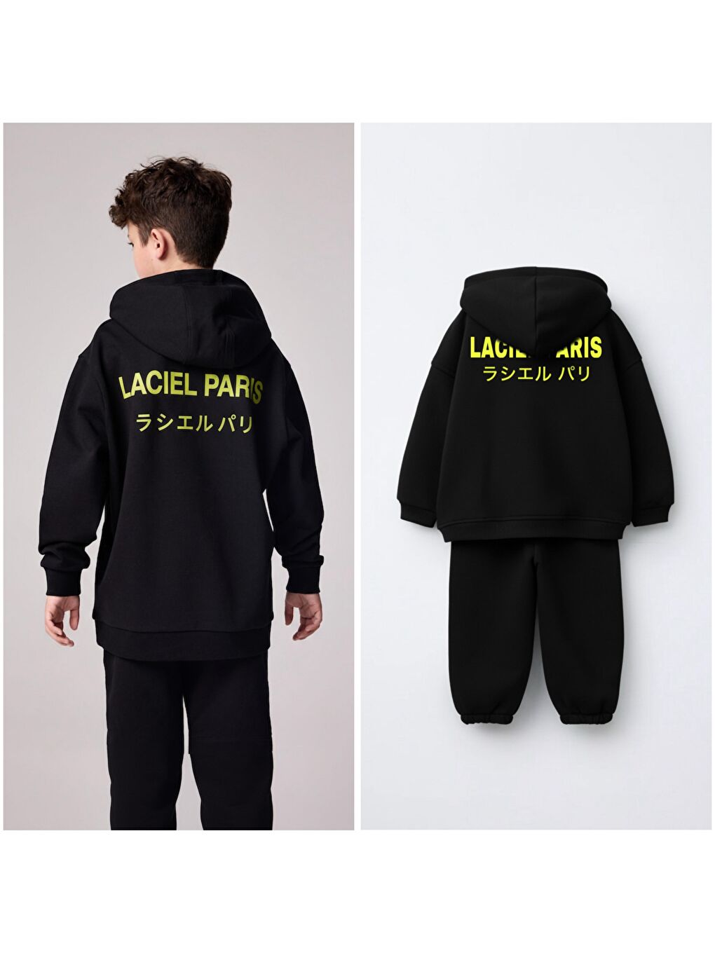 Unisex Çocuk Pamuklu Siyah Slogan Baskılı Kapüşonlu Eşofman Takım-4