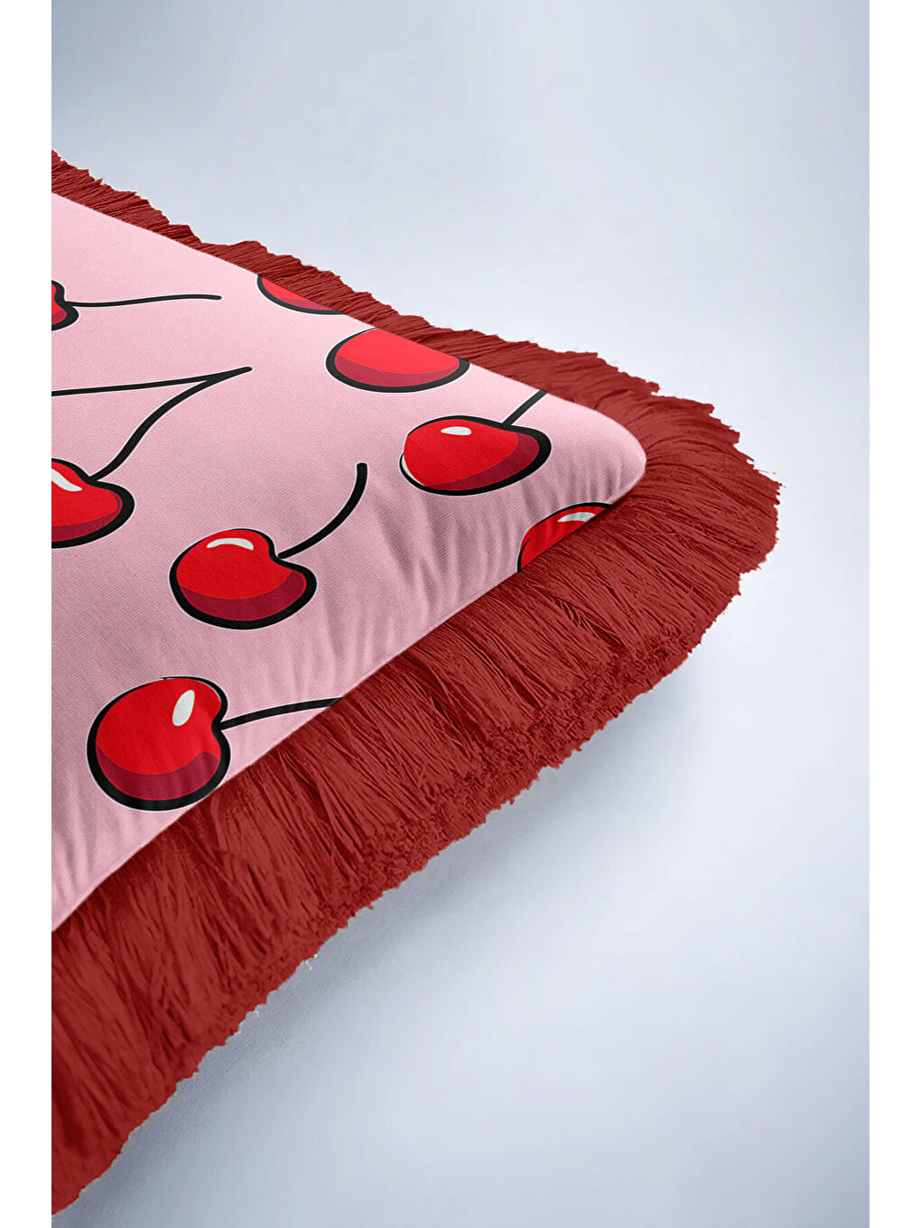 Karışık Pop Art Kiraz Saçaklı Yastık Kılıfı - Canlı Retro Pembe Kırmızı Püsküllü Kırlent Kılıfı-6