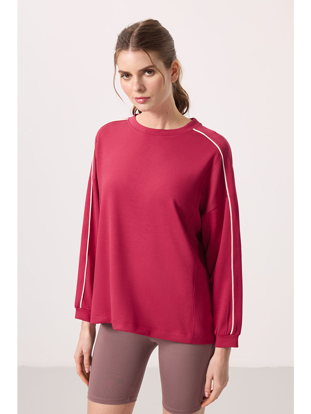 Viva Kırmızı Yumuşak Dokulu O Yaka Oversize Kadın Tunik Sweatshirt - 97303-9