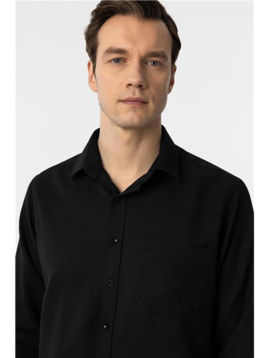 Siyah Regular Armürlü Klasik Yaka Gömlek-2