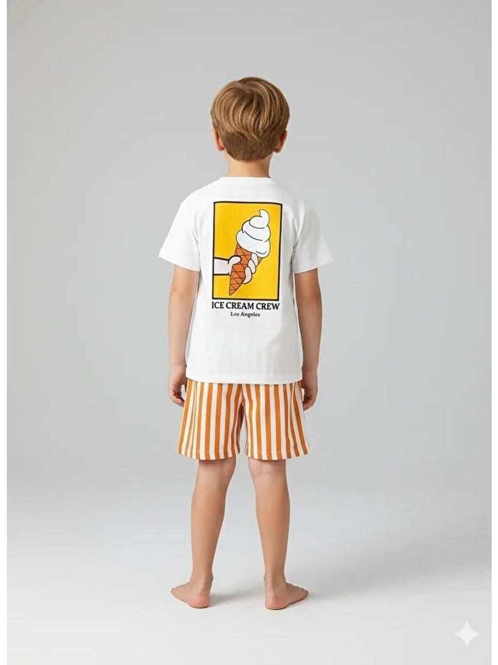 Karışık Unisex Çocuk Pamuklu Beyaz Dondurma Baskılı T-Shirt Ve Çizgili Şort Takım - Yazlık-1