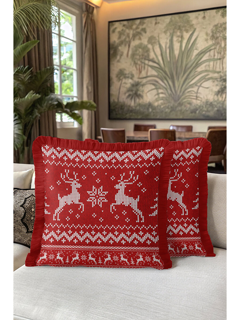 Karışık Nordik Geyikli Saçaklı Yastık Kılıfı - Kış Temalı Rustik Kırmızı Püsküllü Kırlent Kılıfı-5