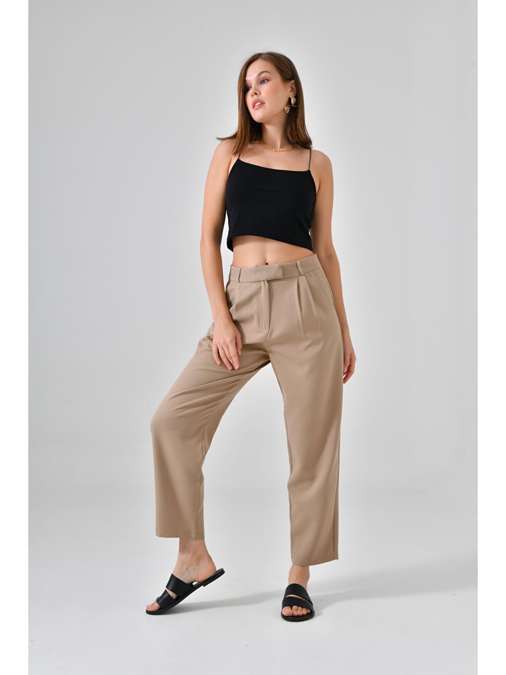 Bej Vizon Çift Pileli Regular Dokuma Pantolon