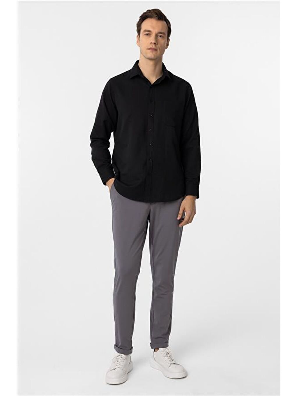 Siyah Regular Armürlü Klasik Yaka Gömlek-4