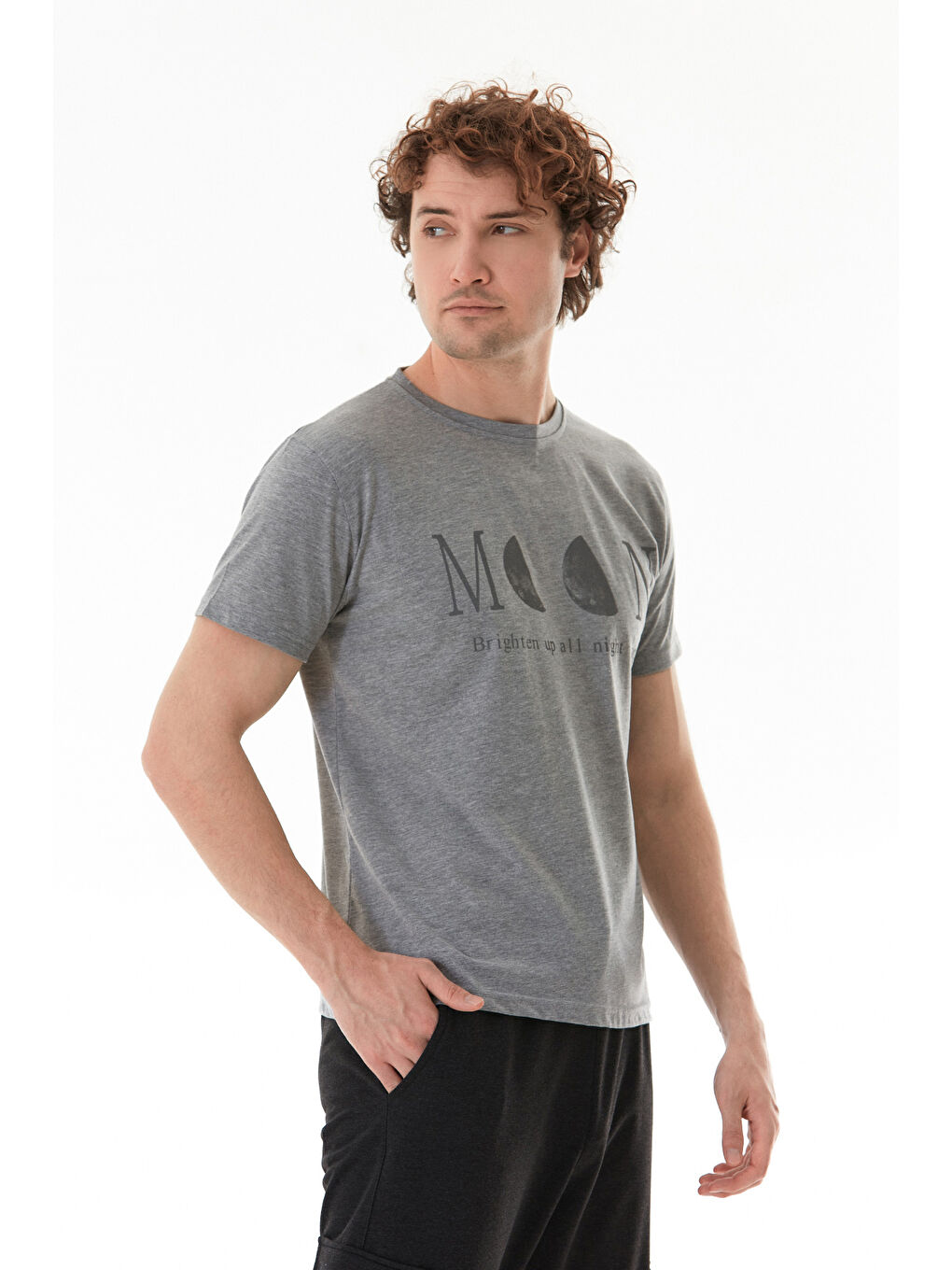 Gri Moon Yazı Ve Ay Baskılı Bisiklet Yaka %100 Pamuk Tişört-3